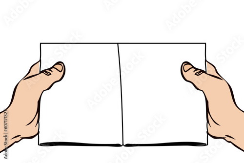 Human hands holding open book with blank pages on a white background	