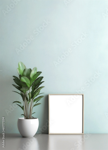 Empty square frame mockup in modern minimalist interior with plant in white vase on pastel green color wall background. Template for artwork, painting, photo or presentation. AI Generative AI © LanaUst