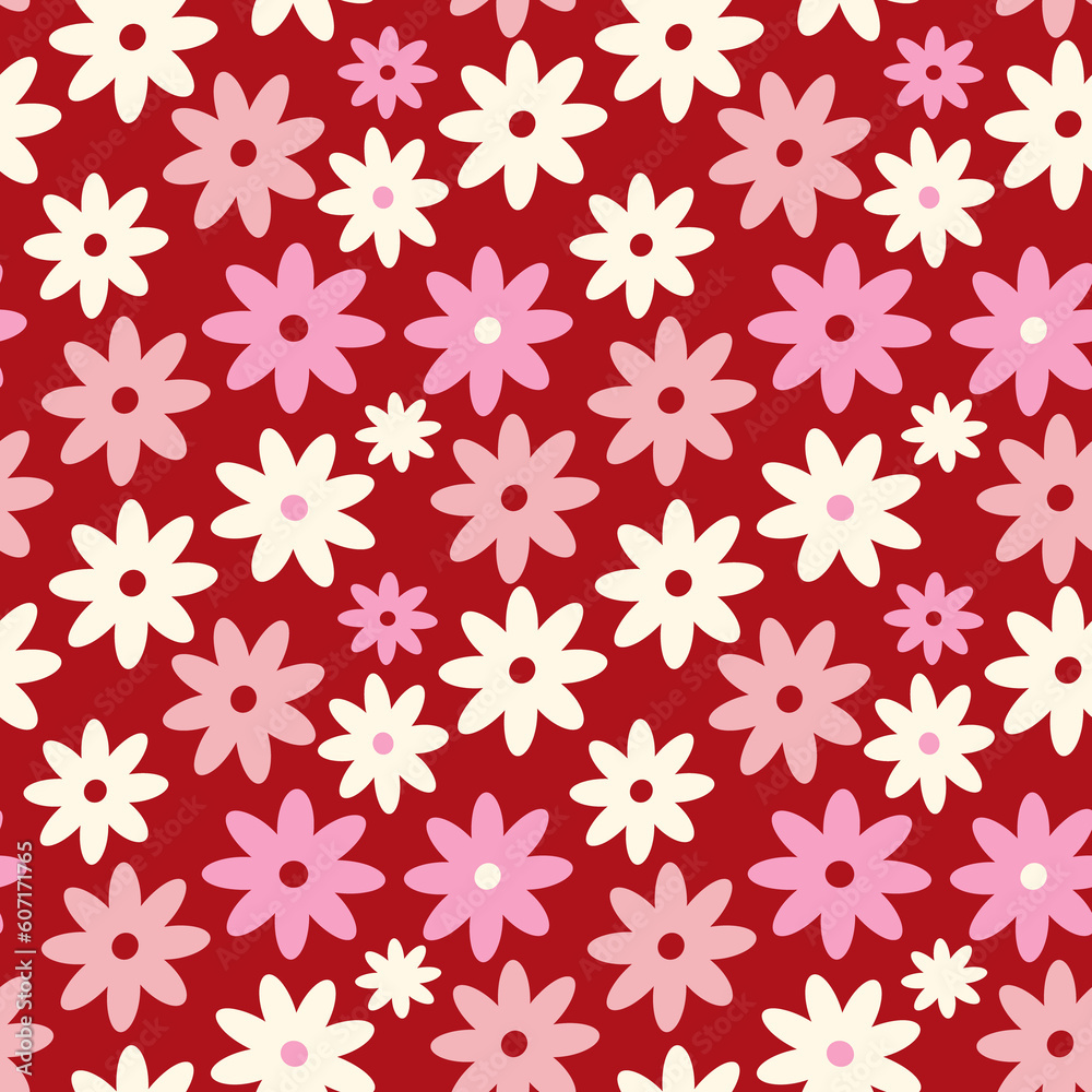 Red Playful stylized creative vibrant quirky Retro floral pattern in 60s in bright pink and red juicy colors Red Playful stylized creative vibrant quirky Retro floral pattern in 60s in bright pink and red juicy colors
