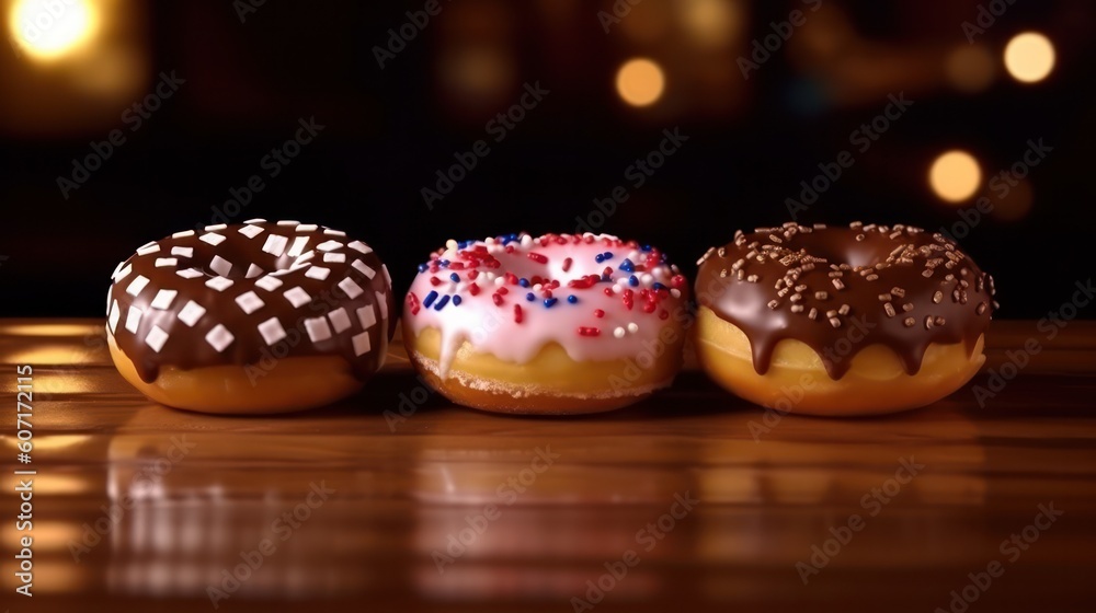assortment of donuts with icing with an American flag pattern on the icing, on a wooden table against the backdrop of festive illumination. Donut Day in the USA. Generative AI assortment of donuts with icing with an American flag pattern on the icing, on a wooden table against the backdrop of festive illumination. Donut Day in the USA. Generative AI