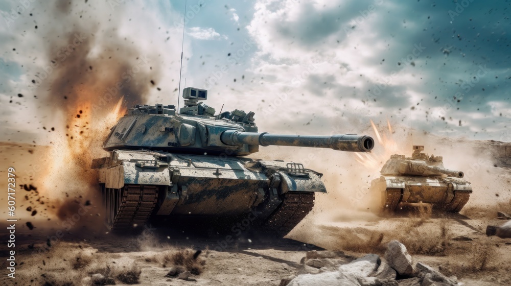 Tank battle scene with armored vehicles engaging in a fierce firefight, capturing the power and destructive capabilities of modern military machinery Tank battle scene with armored vehicles engaging in a fierce firefight, capturing the power and destructive capabilities of modern military machinery