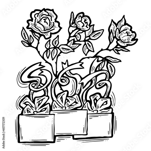 Present box with ribbon bow decorated with flowers for birthday gift, sale promotion, valentines or mothers day card, poster print. Hand drawn cartoon style illustration. Line drawing.