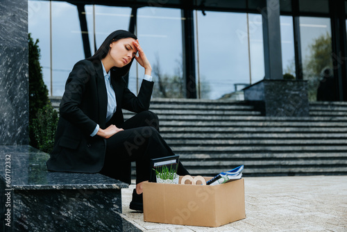 An individual sits on a cardboard box in an outdoor setting, looking unhappy and upset after being fired from their job. Sitting alone outdoors after her dismissal, she reflects on her loss. photo