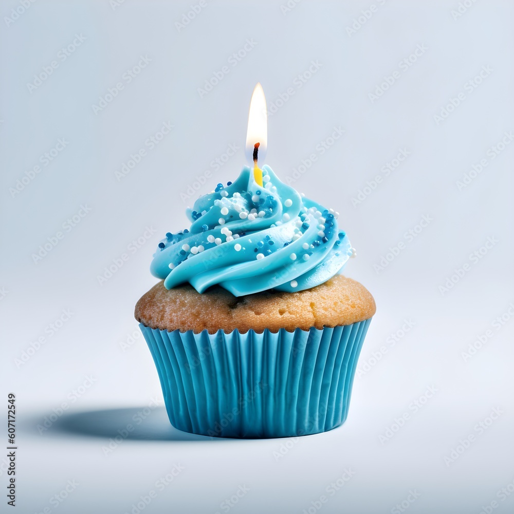 Cupcake with blue icing and sprinkles and birthday candle Cupcake with blue icing and sprinkles and birthday candle