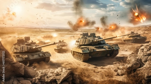 Tank battle scene with armored vehicles engaging in a fierce firefight, capturing the power and destructive capabilities of modern military machinery