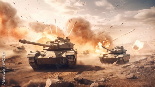 Tank battle scene with armored vehicles engaging in a fierce firefight, capturing the power and destructive capabilities of modern military machinery