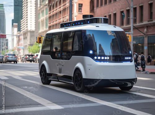 Autonomous vehicle operator. Autopilot car in the city.