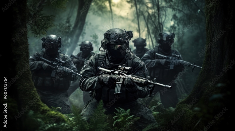Team of elite special forces soldiers executing a covert mission behind enemy lines, showcasing their tactical skills, advanced weaponry, and stealthy maneuvers Team of elite special forces soldiers executing a covert mission behind enemy lines, showcasing their tactical skills, advanced weaponry, and stealthy maneuvers