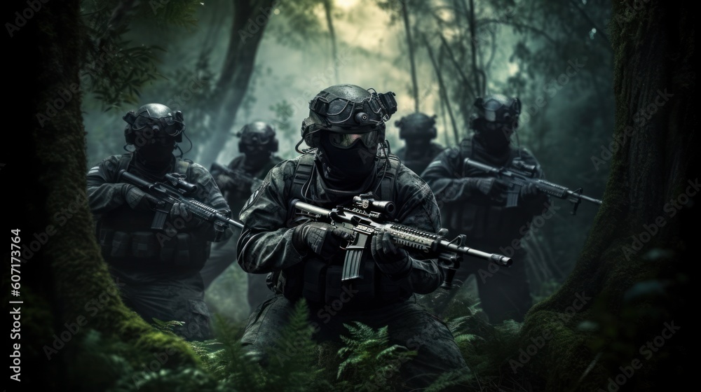 Team of elite special forces soldiers executing a covert mission behind enemy lines, showcasing their tactical skills, advanced weaponry, and stealthy maneuvers