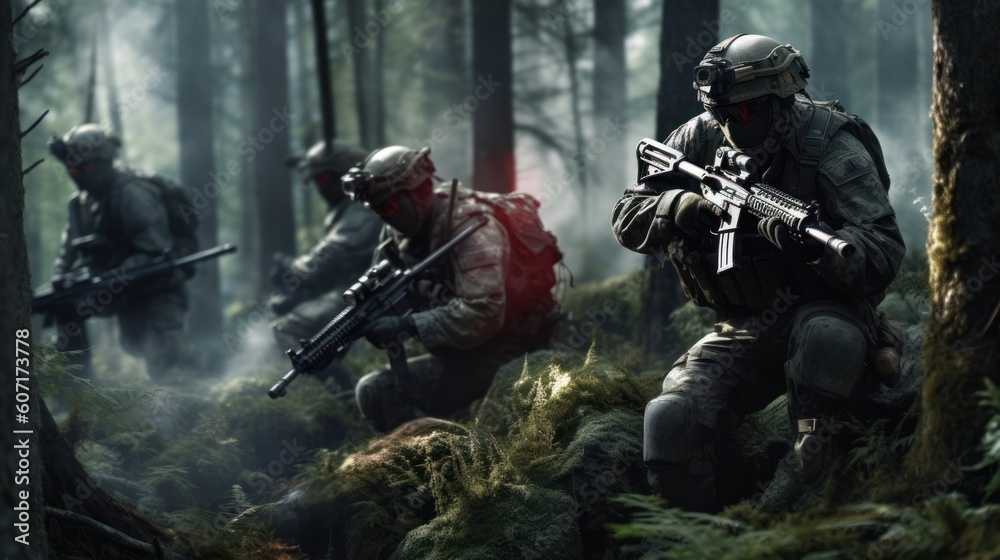 Team of elite special forces soldiers executing a covert mission behind enemy lines, showcasing their tactical skills, advanced weaponry, and stealthy maneuvers