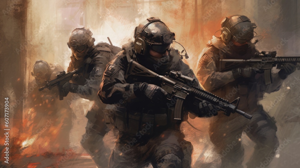Team of elite special forces soldiers executing a covert mission behind enemy lines, showcasing their tactical skills, advanced weaponry, and stealthy maneuvers Team of elite special forces soldiers executing a covert mission behind enemy lines, showcasing their tactical skills, advanced weaponry, and stealthy maneuvers