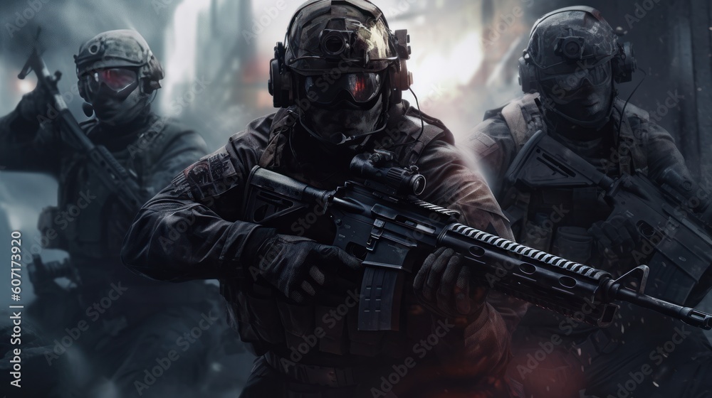 Team of elite special forces soldiers executing a covert mission behind enemy lines, showcasing their tactical skills, advanced weaponry, and stealthy maneuvers Team of elite special forces soldiers executing a covert mission behind enemy lines, showcasing their tactical skills, advanced weaponry, and stealthy maneuvers