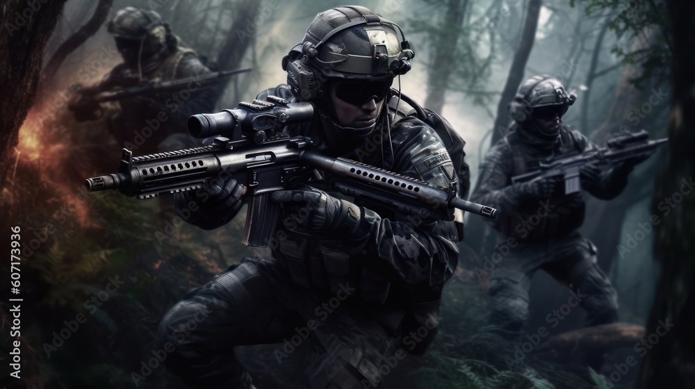 Team of elite special forces soldiers executing a covert mission behind enemy lines, showcasing their tactical skills, advanced weaponry, and stealthy maneuvers Team of elite special forces soldiers executing a covert mission behind enemy lines, showcasing their tactical skills, advanced weaponry, and stealthy maneuvers