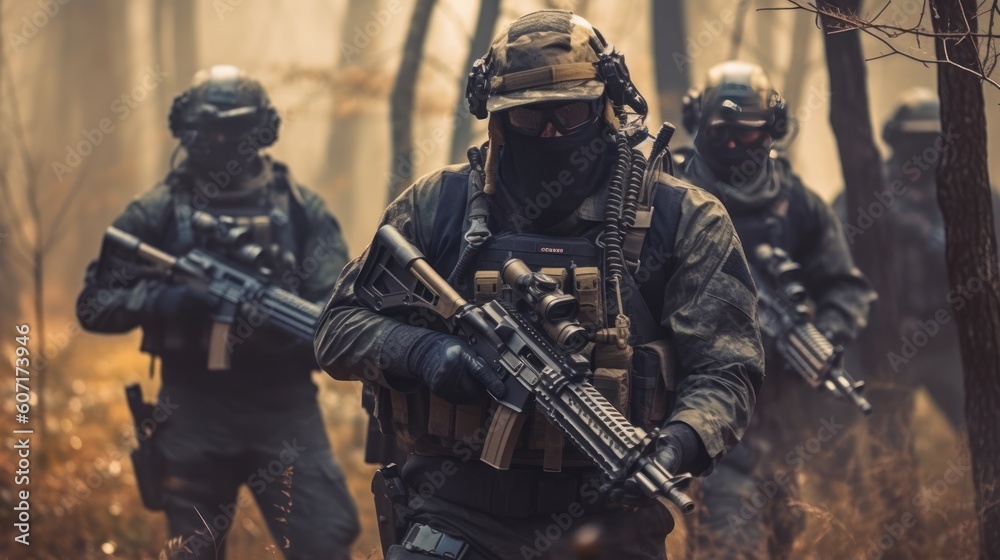Team of elite special forces soldiers executing a covert mission behind enemy lines, showcasing their tactical skills, advanced weaponry, and stealthy maneuvers Team of elite special forces soldiers executing a covert mission behind enemy lines, showcasing their tactical skills, advanced weaponry, and stealthy maneuvers