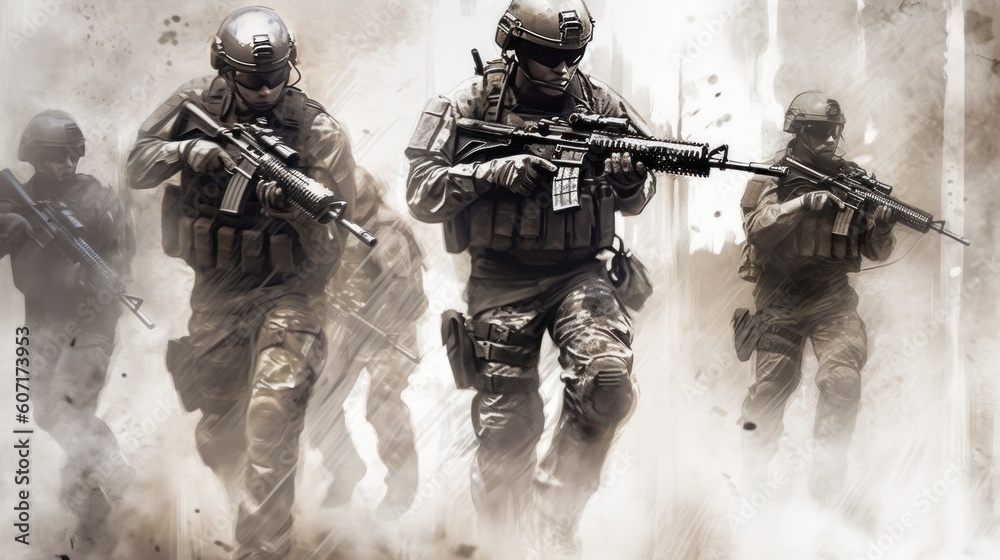 Team of elite special forces soldiers executing a covert mission behind ...