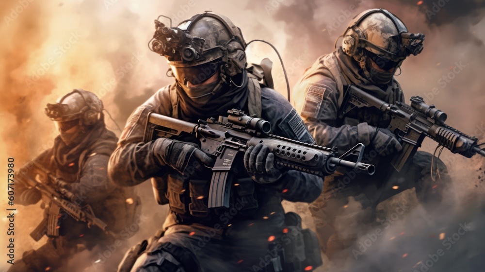 Team of elite special forces soldiers executing a covert mission behind enemy lines, showcasing their tactical skills, advanced weaponry, and stealthy maneuvers