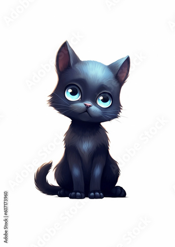 Cute black cat with beautiful eyes sits on a white background illustration animation style 