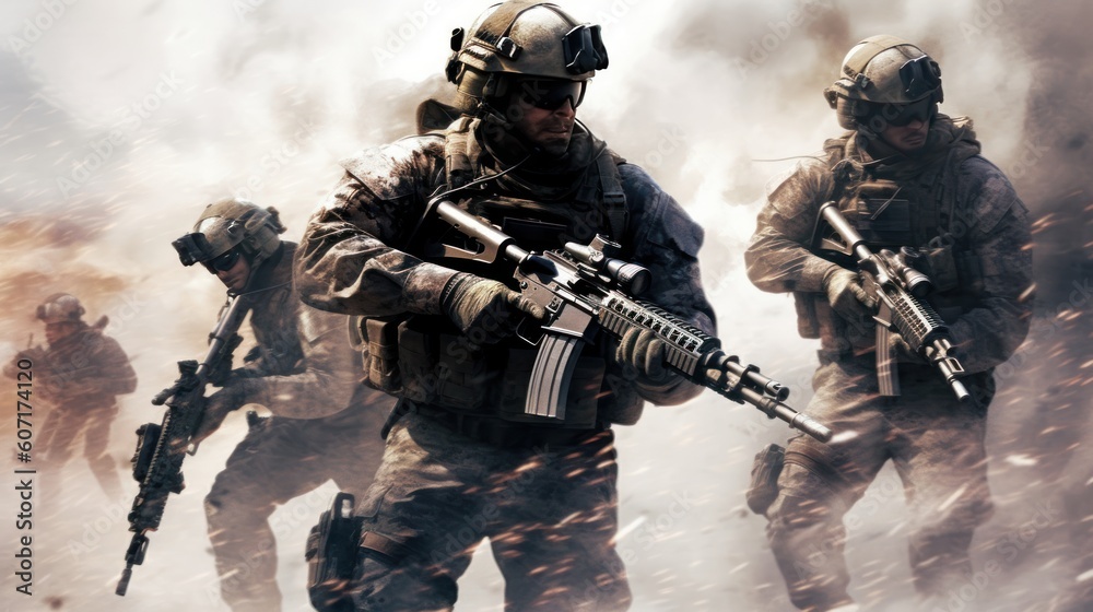 Team of elite special forces soldiers executing a covert mission behind enemy lines, showcasing their tactical skills, advanced weaponry, and stealthy maneuvers Team of elite special forces soldiers executing a covert mission behind enemy lines, showcasing their tactical skills, advanced weaponry, and stealthy maneuvers
