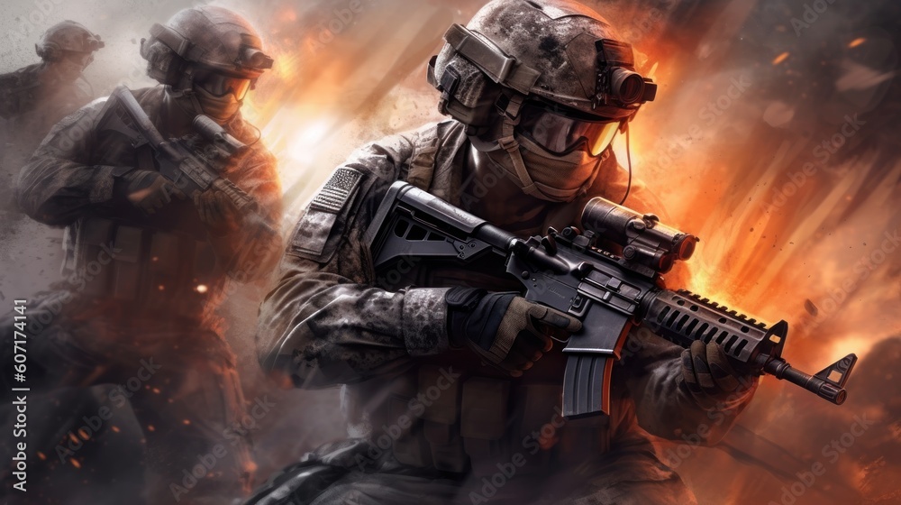 Team of elite special forces soldiers executing a covert mission behind enemy lines, showcasing their tactical skills, advanced weaponry, and stealthy maneuvers Team of elite special forces soldiers executing a covert mission behind enemy lines, showcasing their tactical skills, advanced weaponry, and stealthy maneuvers