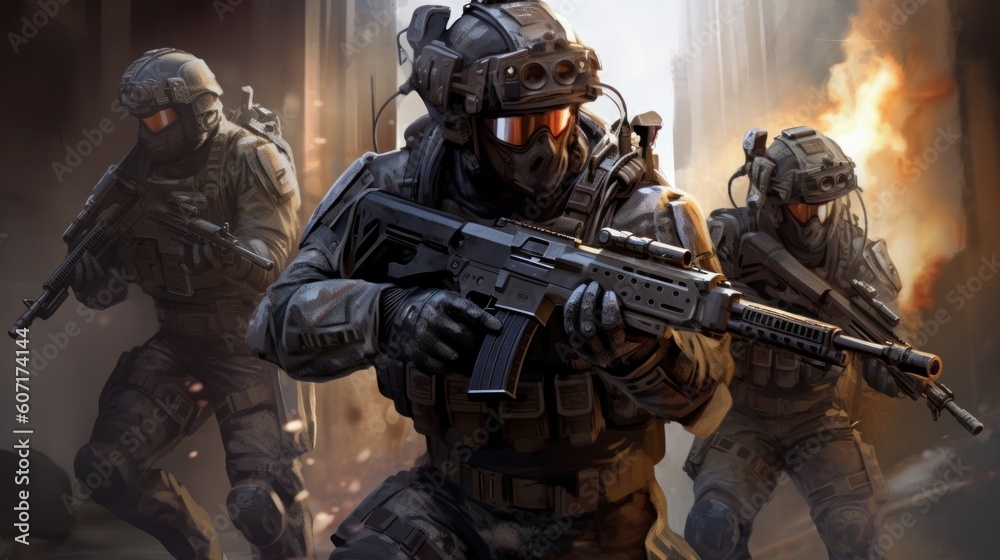 Team of elite special forces soldiers executing a covert mission behind enemy lines, showcasing their tactical skills, advanced weaponry, and stealthy maneuvers Team of elite special forces soldiers executing a covert mission behind enemy lines, showcasing their tactical skills, advanced weaponry, and stealthy maneuvers
