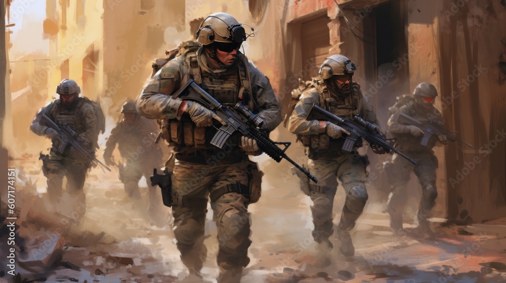 Fototapeta premium Team of elite special forces soldiers executing a covert mission behind enemy lines, showcasing their tactical skills, advanced weaponry, and stealthy maneuvers