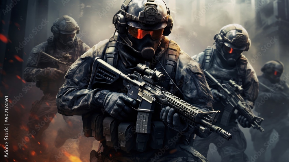 Team of elite special forces soldiers executing a covert mission behind enemy lines, showcasing their tactical skills, advanced weaponry, and stealthy maneuvers Team of elite special forces soldiers executing a covert mission behind enemy lines, showcasing their tactical skills, advanced weaponry, and stealthy maneuvers