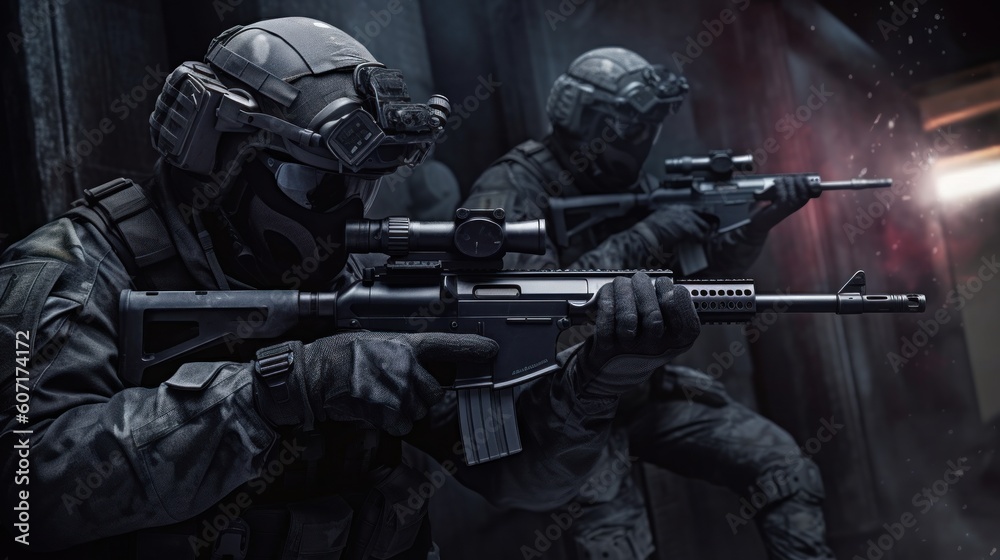 Team of elite special forces soldiers executing a covert mission behind enemy lines, showcasing their tactical skills, advanced weaponry, and stealthy maneuvers
