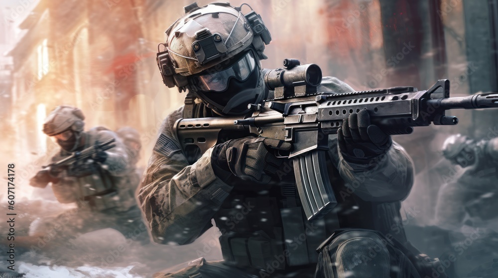 Team of elite special forces soldiers executing a covert mission behind enemy lines, showcasing their tactical skills, advanced weaponry, and stealthy maneuvers Team of elite special forces soldiers executing a covert mission behind enemy lines, showcasing their tactical skills, advanced weaponry, and stealthy maneuvers