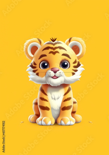 Cute baby tiger sitting cartoon illustration in animation style isolated on a yellow background  generative ai