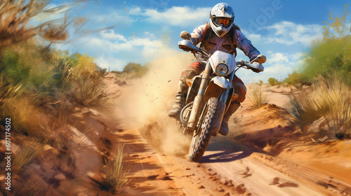 Moto racer on the motocross motorcycle riding on high speed at the dirt road. Generative art © Cheport