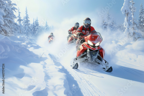 Rescuers riding snowmobile at snow capped landscape on a high speed, with a huge splashes of snow. Generative art