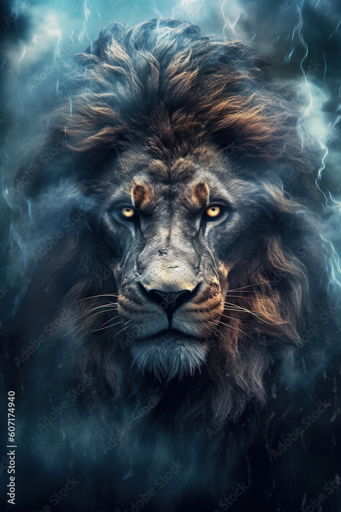 Majestic lion in the clouds of smoke. Stunning photoreal fine art generated by Ai. Is not based on any specific real image or character