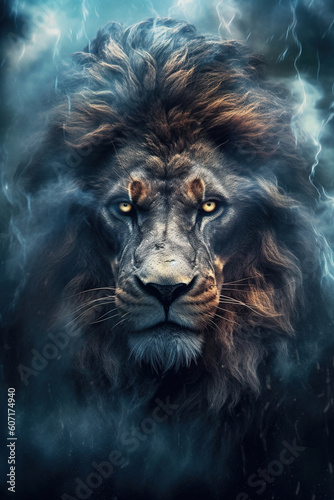 Majestic lion in the clouds of smoke. Stunning photoreal fine art generated by Ai. Is not based on any specific real image or character