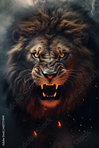 Grin of the majestic lion in the clouds of smoke. Stunning photoreal fine art generated by Ai. Is not based on any specific real image or character