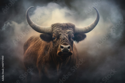 Gorgeous black bull in the clouds of smoke. Stunning photoreal fine art generated by Ai. Is not based on any specific real image or character © Cheport