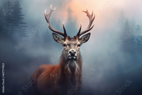 Gorgeous deer in the morning fog. Stunning photoreal fine art generated by Ai. Is not based on any specific real image or character