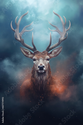 Gorgeous deer in the morning fog. Stunning photoreal fine art generated by Ai. Is not based on any specific real image or character © Cheport