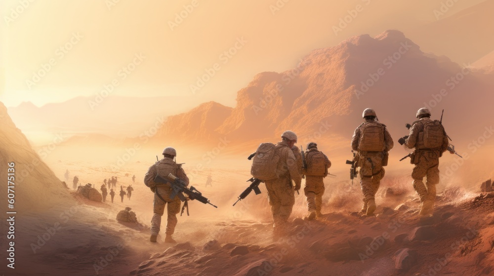 Fototapeta premium Squad of soldiers conducting a desert patrol, navigating vast sand dunes, rugged terrain, and harsh weather conditions in a hostile environment