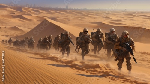 Squad of soldiers conducting a desert patrol  navigating vast sand dunes  rugged terrain  and harsh weather conditions in a hostile environment