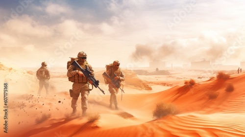 Squad of soldiers conducting a desert patrol  navigating vast sand dunes  rugged terrain  and harsh weather conditions in a hostile environment