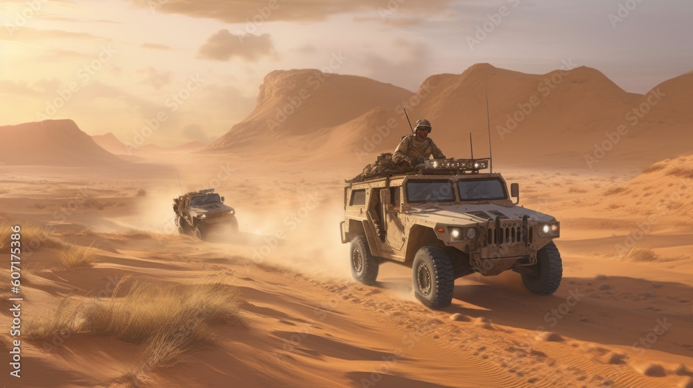 Squad of soldiers conducting a desert patrol, navigating vast sand dunes, rugged terrain, and harsh weather conditions in a hostile environment Squad of soldiers conducting a desert patrol, navigating vast sand dunes, rugged terrain, and harsh weather conditions in a hostile environment