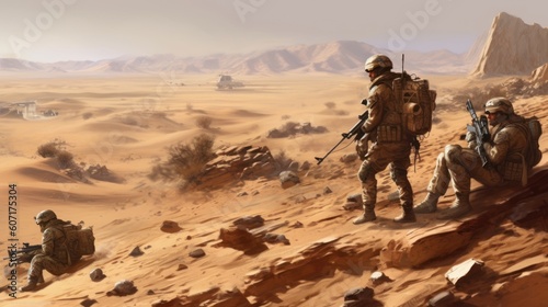 Squad of soldiers conducting a desert patrol, navigating vast sand dunes, rugged terrain, and harsh weather conditions in a hostile environment