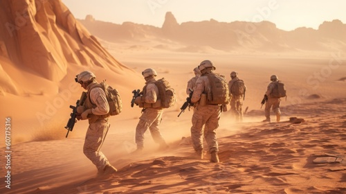Squad of soldiers conducting a desert patrol, navigating vast sand dunes, rugged terrain, and harsh weather conditions in a hostile environment © Damian Sobczyk