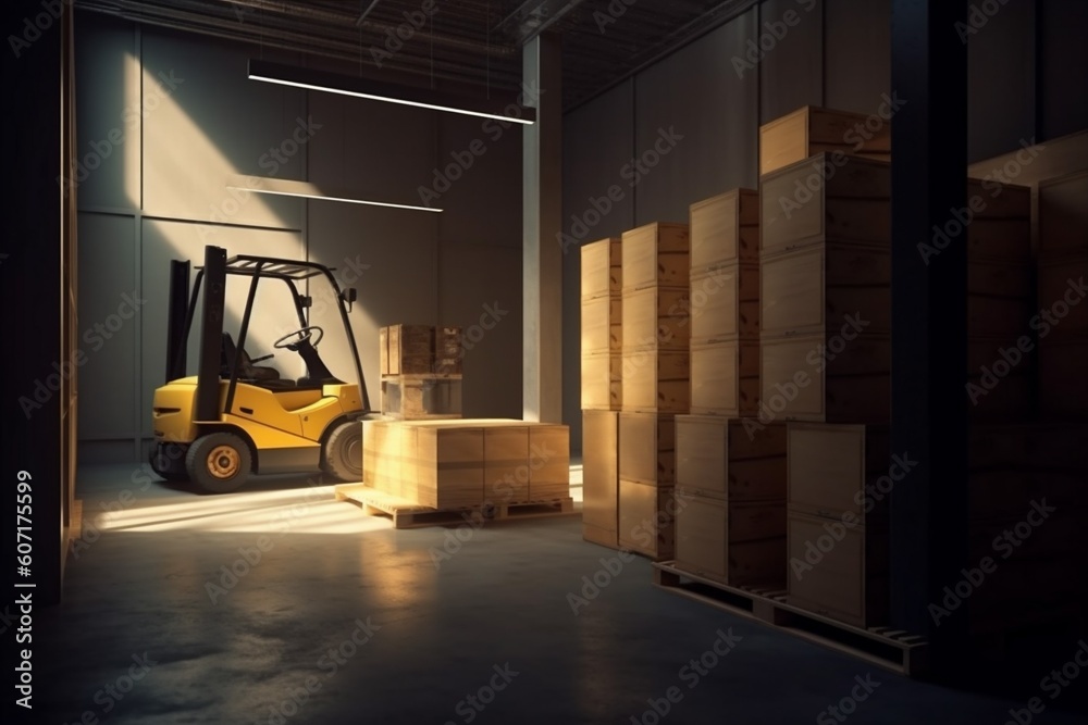 sun transportation cargo delivery forklift logistic distribution box warehouse storage. Generative AI.