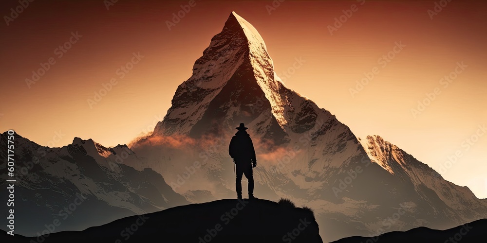 Silhouette man standing on top of Himalayan mountain majestic ...