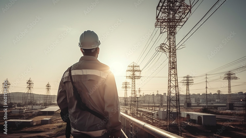 A man in a helmet at the electric towers. Generative AI A man in a helmet at the electric towers. Generative AI