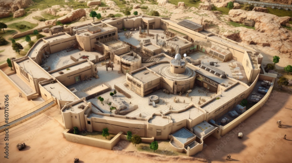 Fortified military base, complete with barracks, command centers, and defensive structures, portraying the organized and strategic nature of military operations Fortified military base, complete with barracks, command centers, and defensive structures, portraying the organized and strategic nature of military operations
