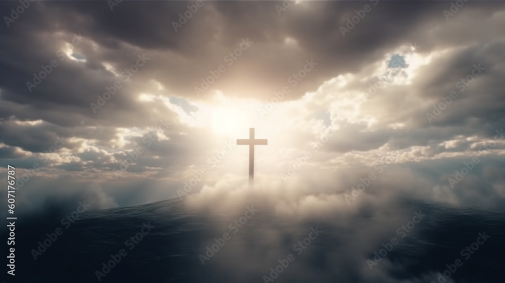 A Christian cross shines in the sky. Generative AI A Christian cross shines in the sky. Generative AI