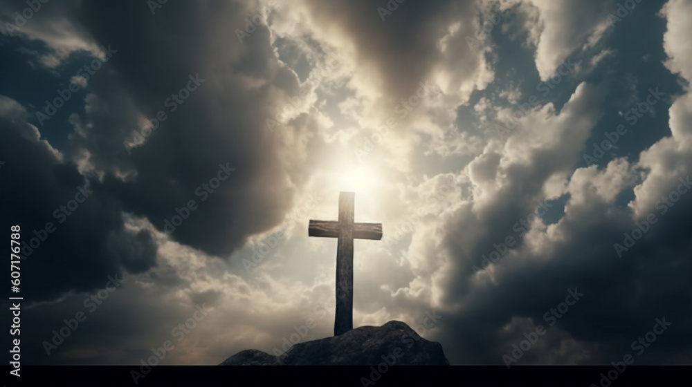 A Christian cross shines in the sky. Generative AI