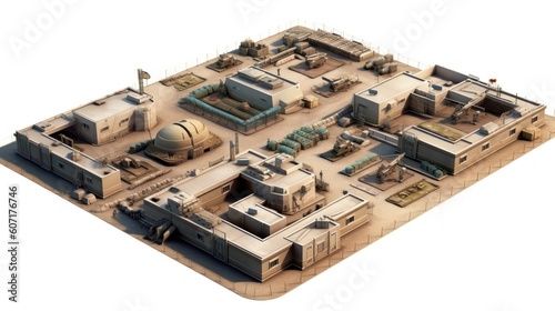 Fortified military base, complete with barracks, command centers, and defensive structures, portraying the organized and strategic nature of military operations photo